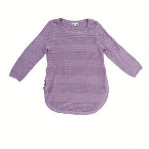 New York & Co Purple Sweater Open Knit Crochet Crew Neck 3/4 Sleeve Pullover M